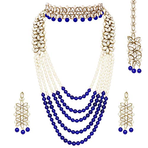 Aheli Wedding Party Wear Bridal Jewellery Choker Long Pearl Necklace Earrings Maang Tikka Indian Traditional Set Gift for Women - color: Blue