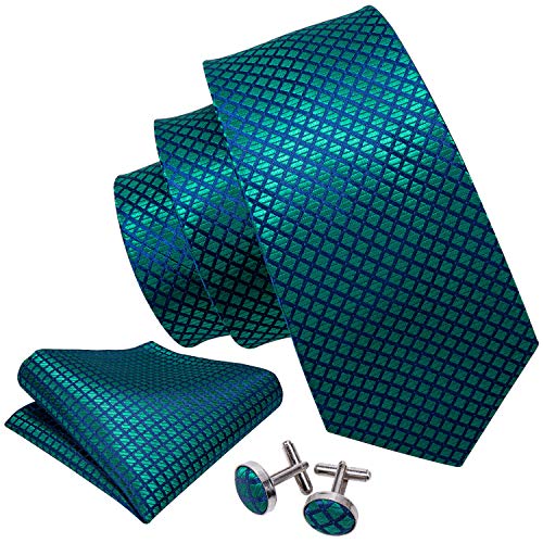 YOHOWA Men Plaid/Striped Ties Clip Set Silk Necktie Pocket Square Cufflinks | Woven Classic,Formal/Casual Mens Tie,Pocket Square Cufflinks Set,Luxury,Business,Wedding,Party,Prom,Graduation - color: A Teal