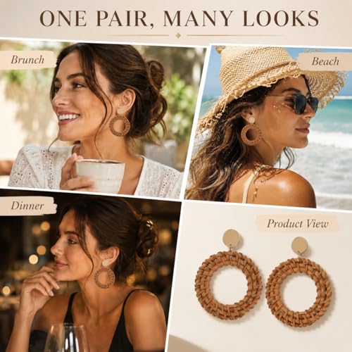Handmade Raffia Rattan Bohemian Dangle Earrings for Women, Woven Rattan Round Drop Dangle Earrings Beach Jewelry - color: Round A