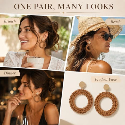 Handmade Raffia Rattan Bohemian Dangle Earrings for Women, Woven Rattan Round Drop Dangle Earrings Beach Jewelry - color: Round A