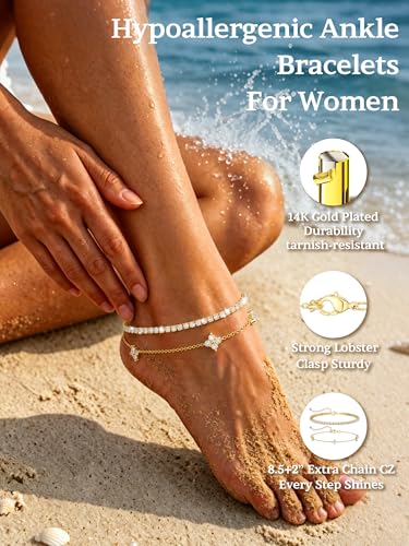 2 PCS Anklets for Women 14K Gold/Silver Plated Dainty Anklet Set | Non Tarnish Waterproof Brass Ankle Bracelet, Hypoallergenic Stackable Layered Chain Set, Adjustable Beach Summer Jewelry Gift - style: Style1