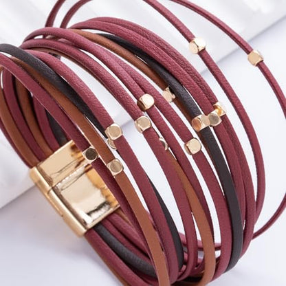 Stackable Beaded Leather Wrap Bracelet Boho Western Country Beach Jewelry | Layered Bead Stack Multi Strand Magnetic Clasp Cuff Bangle Bohemian Hippie Cowgirl Fashion Summer Vacation Outfits for Women - color: Burgundy
