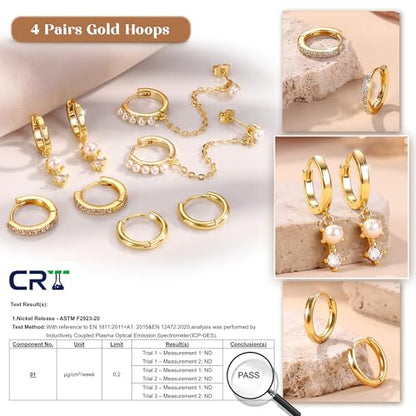 4 Pairs Small Hoop Earrings for Women 14K Gold Plated | Trendy Chain Drop Earrings Set, Hypoallergenic CZ Huggie Hoops, Lightweight Cartilage Earring Stacks - color: 14K Gold Plated-pearl hoop