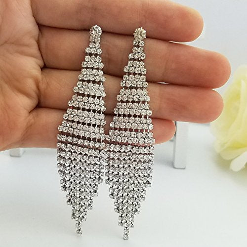 SELOVO Fashion Wedding Bride Women Long Tassel Link Fringe Dangly Earrings Clear Crystal - color: Silver