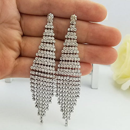 SELOVO Fashion Wedding Bride Women Long Tassel Link Fringe Dangly Earrings Clear Crystal - color: Silver