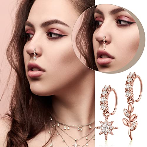 18 Pcs Dangle Nose Ring L Shaped Dangling Nose Stud Nose Ring Hoop Indian Nose Piercing Jewelry with Charm - color: Rose Gold