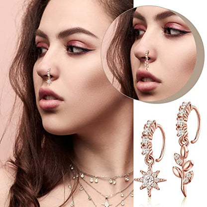 18 Pcs Dangle Nose Ring L Shaped Dangling Nose Stud Nose Ring Hoop Indian Nose Piercing Jewelry with Charm - color: Rose Gold