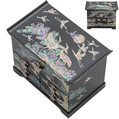 February Mountain Mother of Pearl Wooden Jewelry Organizer Box – Jewelry Storage Box for Women, Features Spacious Drawers, Ideal for Rings, Bracelets, Watches, Chains, Accessories (Crane_Black) - style: Crane_Black