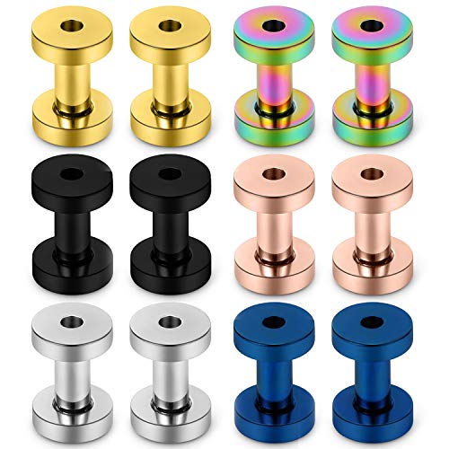 Lcolyoli Screw Fit Ear Gauges Kit Surgical Steel Tunnel Expander Earrings Earlobe Plugs Body Piercing Jewelry Set for Women Men 14G-00G 12 Pieces - style: c: 12Pcs-6 Colors-8G