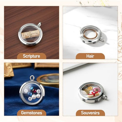 Locket Necklace, 4 Packs Stainless Steel 30mm/1.18" Diameter Glass Locket Pendant Charm, DIY Round Locket, Suitable for Women Friendship Memory Necklace