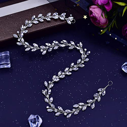 TRiXY Wedding Bridal Crystal Long Hair Vines Head Piece,Wedding Piece Accessories Headband Jewelry ,Beaded Bohemian Headpiece (Short Silver-50cm / 19.68 Inches) (HP394)