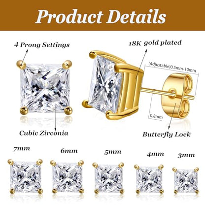6 Pairs Cubic Zirconia Stud Earrings for Women/Men - Round Cut 4 Prong Settings 18K Gold Plated Hypoallergenic 3-8mm Clear Earrings Set - color: 3-7mm Gold - Square 4 Prong
