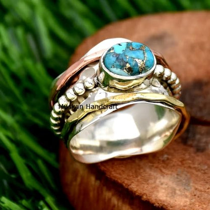 925 Sterling Silver Blue Copper Turquoise Spinner Ring | Handmade, Three Tone, Hammered Band, For Women, Sizes 3-16 US
