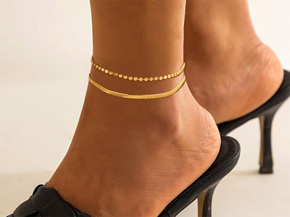 Risamil 14K Gold Plated Ankle Bracelets for Women, Anklets for Women Waterproof Layered Ankle Bracelets for Women Teen Girl Herringbone Anklet Set Summer Foot Jewelry Gifts - color: 2PCS-04
