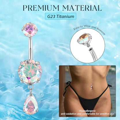 GAGABODY G23 Titanium Belly Button Rings Dangly Belly Ring Navel Piercing Ring Belly Piercing Jewelry 14G 3/8 inch 10mm Navel Barbell CZ - color: Silver+Dangly Waterdrop Shape Clear ABCZ