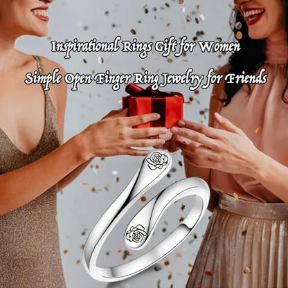 Fookduoduo 925 Sterling Silver Ring Inspirational Jewelry adjustable Wrap Open Rings for Women - style: Rose Flower