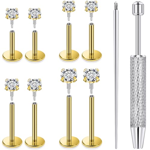 18G surgical steel Labret Studs, 6/7/8/10mm Internal Thread Long CZ Lip Piercing Jewelry (10PCS) with Tool