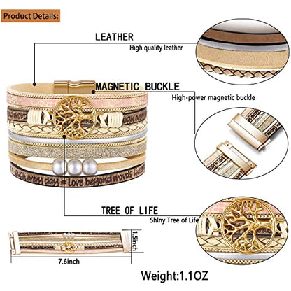 Desimtion Inspirational Tree of Life Boho Leather Wrap Bangle Bracelets for Women, Teen Girl Gifts Trendy Stuff, Fashion Accessories Jewelry Gifts for Women Girls - color: Beige-gold tree-2