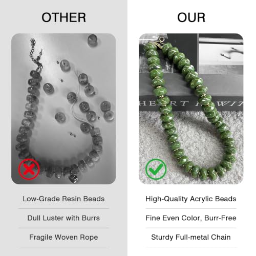 Colorful Chunky Acrylic Beaded Choker Necklaces for Women | Multicolor Faceted Beads, Sturdy Metal Chain, Adjustable Detachable, Lightweight, Summer Boho, Sparkly Statement Jewelry Gift - color: Dark Green