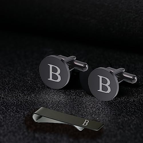 WIGERLON Initial Cufflinks and Tie Clip Set for Men,Stainless steel Letter Cuff Links and Tie Bar Set gift for Father Husband Son Boyfriend - style: B-Black