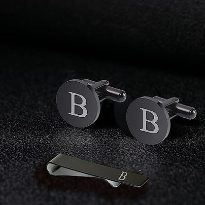 WIGERLON Initial Cufflinks and Tie Clip Set for Men,Stainless steel Letter Cuff Links and Tie Bar Set gift for Father Husband Son Boyfriend - style: E-Black