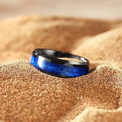 King Will Mens Galaxy Tungsten Wedding Band | 6mm/8mm, Beveled Edge, Comfort Fit, Durable, Sandstone Opal Inlay Polished, Everyday Wear - color: Black&Blue-8mm