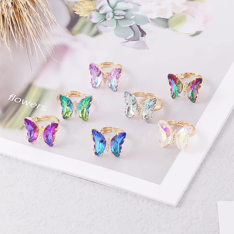 COLORFUL BLING Adjustable Elegant Transparent Crystal 3D Butterfly Rings for Women Aesthetic Gold Plated Cute Animal Insect Open Finger Cuff Ring Birthday Valentine Gifts - color: transparent white