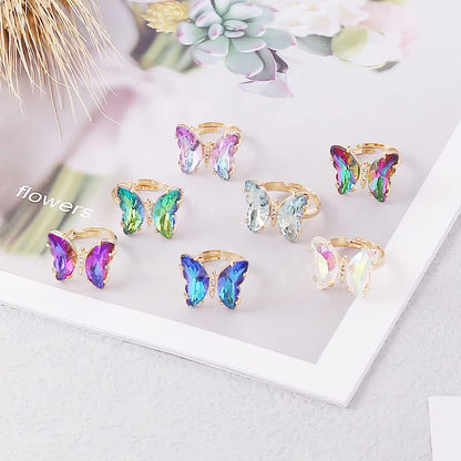COLORFUL BLING Adjustable Elegant Transparent Crystal 3D Butterfly Rings for Women Aesthetic Gold Plated Cute Animal Insect Open Finger Cuff Ring Birthday Valentine Gifts - color: purple