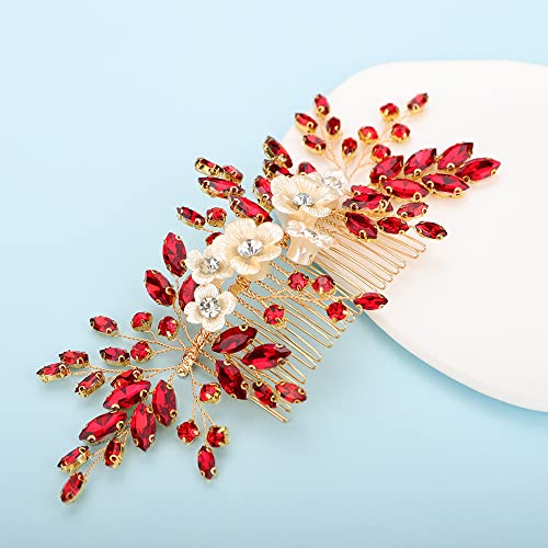 Bridal White Flower Red Crystal Rhinestone Hair Comb for Bride Bridesmaid Sliding side Headpieces Wedding Hair Accessories for Women and Girls (Red) - color: Red