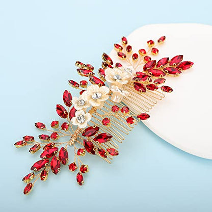 Bridal White Flower Red Crystal Rhinestone Hair Comb for Bride Bridesmaid Sliding side Headpieces Wedding Hair Accessories for Women and Girls (Red) - color: Red