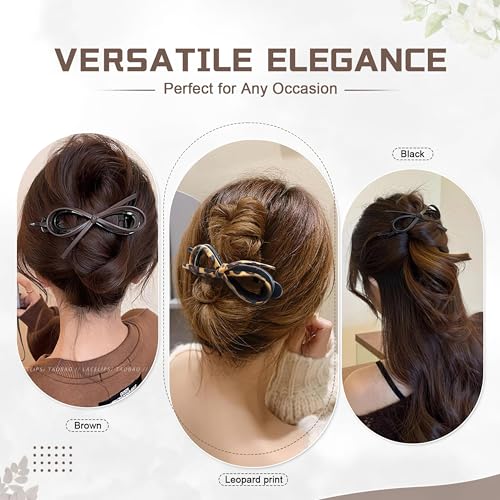 6 Pcs Bow Hair Clips, Retro Acrylic Soft Leather Bowknot Twisted Flat Claw, Ponytail Holder Barrettes, Flat Claw Clips for Women Thick Hair, Non-Slip Strong Holder Accessories