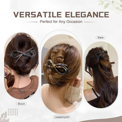 6 Pcs Bow Hair Clips, Retro Acrylic Soft Leather Bowknot Twisted Flat Claw, Ponytail Holder Barrettes, Flat Claw Clips for Women Thick Hair, Non-Slip Strong Holder Accessories