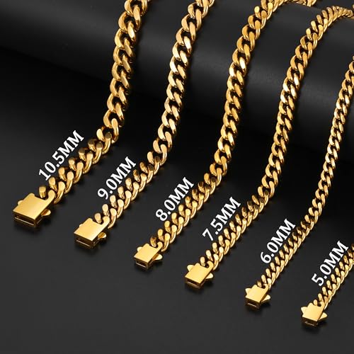 Fiusem Silver Tone/Black/14K Gold Plated Chain Necklace for Men, 5mm/6mm/7.5mm/8mm/9mm Stainless Steel Cuban Link Chain Necklace, Men's Chains 18-28 Inch Jewelry Gifts - size: 18", style: 5mm gold