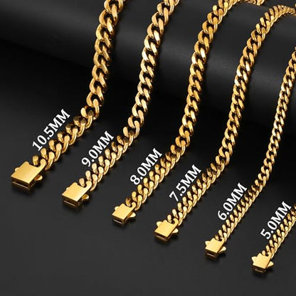 Fiusem Silver Tone/Black/14K Gold Plated Chain Necklace for Men, 5mm/6mm/7.5mm/8mm/9mm Stainless Steel Cuban Link Chain Necklace, Men's Chains 18-28 Inch Jewelry Gifts - size: 18", style: 5mm gold