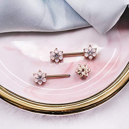 14G Opal Flower CZ Nipple Barbell Nipple Ring Piercing Jewelry for Women - color: rosegold