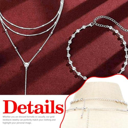 Rhinestone Y Choker Neckalce Silver Layered Necklaces for Women | Elegant Long Drop Necklace Sparkly Crystal Prom Jewelry
