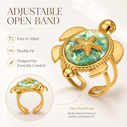 Adjustable Starfish & Tortoise Ring for Women – 18K Gold-Tone Plated Stainless Steel Open Band, Ocean-Inspired Jewelry with Shell Inlay,Comfort-Fit Statement Ring for Summer, Beach & Everyday Wear