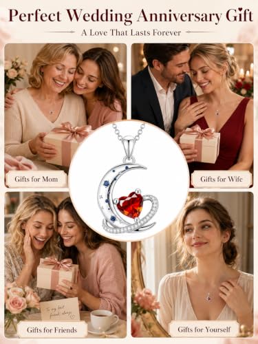 Birthstone Necklace for Women White Gold Moon and Star Pendant Moon Jewelry Anniversary Birthday Gifts for Mom Wife Her - color: 07. July - Ruby