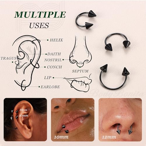 G23 Titanium 14/16/18/20G Septum Rings Horseshoe Nose Ring Jewelry | 2/3Pcs Circular Barbell Spike Lip Body Piercing Jewelry Conch Helix Tragus Earring Silver/Black 8/10/12mm 14K Gold Plated - color: Black-3pcs, size: Spike-3pcs-20g-8/10/12mm