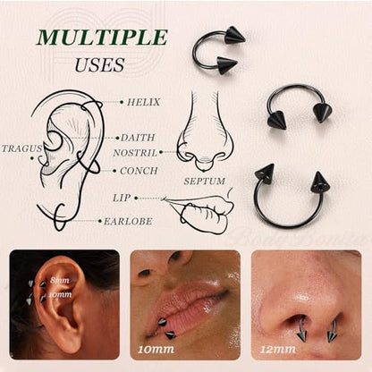 G23 Titanium 14/16/18/20G Septum Rings Horseshoe Nose Ring Jewelry | 2/3Pcs Circular Barbell Spike Lip Body Piercing Jewelry Conch Helix Tragus Earring Silver/Black 8/10/12mm 14K Gold Plated - color: Black-3pcs, size: Spike-3pcs-20g-8/10/12mm