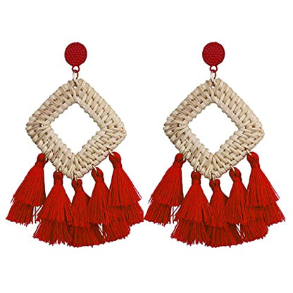 Bohemia Tassel Earrings Statement Handmade Dangle Ethnic Fringe Earrings Bamboo Weaving Geometric Square Sector Gifts for Women - color: D red