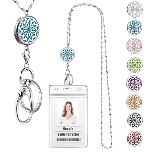 Lanyards for ID Badges for Women, Lanyard with ID Holder, Flower | Silver Stainless Steel Key Chain, Long Keychain, Teacher Lanyard Badge Diffuser Necklace Nurse Work Jewelry Gifts - color: 5-flower