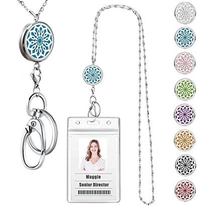 Lanyards for ID Badges for Women, Lanyard with ID Holder, Flower | Silver Stainless Steel Key Chain, Long Keychain, Teacher Lanyard Badge Diffuser Necklace Nurse Work Jewelry Gifts - color: 5-flower