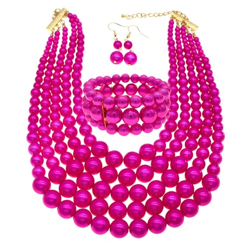 Faux Big Pearl Srand Necklaces for Women 5 Layers Pearls Choker Bib Collar Necklace Bracelet and Earrings set 1920s Costume Pearl Jewelry Bridal Wedding - color: fuchsia
