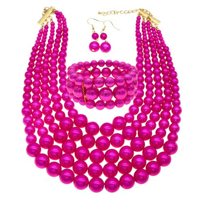 Faux Big Pearl Srand Necklaces for Women 5 Layers Pearls Choker Bib Collar Necklace Bracelet and Earrings set 1920s Costume Pearl Jewelry Bridal Wedding - color: fuchsia