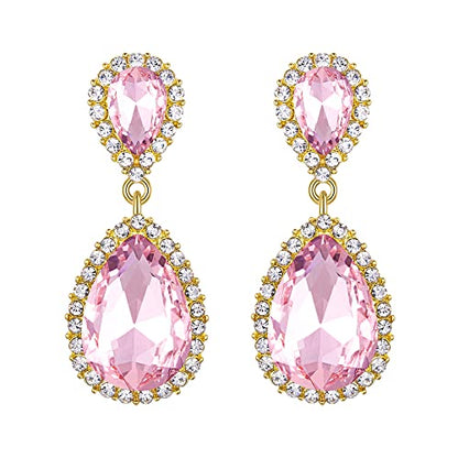 EVER FAITH Women's Austrian Crystal Wedding Tear Drop Dangle Earrings | Bridal Prom Jewelry for Bride Bridesmaid - color: Pink Gold-Plated-Base