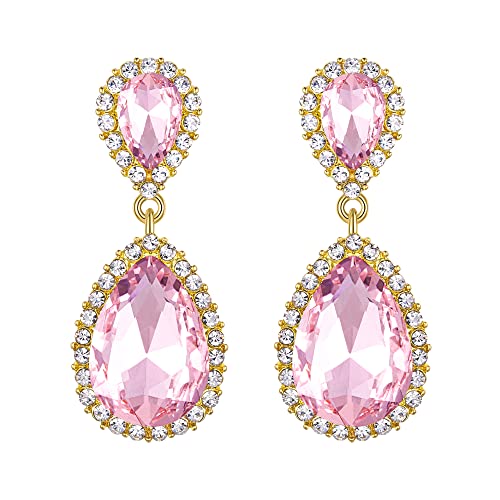 EVER FAITH Women's Austrian Crystal Wedding Tear Drop Dangle Earrings | Bridal Prom Jewelry for Bride Bridesmaid - color: Pink Gold-Plated-Base