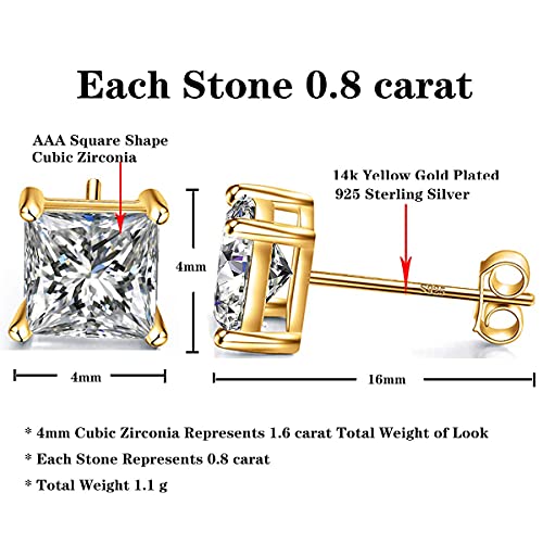925 Sterling Silver Stud Earrings 4 Prong Princess Cut Square Cubic Zirconia Ear Stud for Women Men CZ 4mm-7mm - style: Yellow Gold--1.60cttw (4mm)