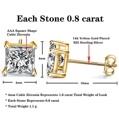 925 Sterling Silver Stud Earrings 4 Prong Princess Cut Square Cubic Zirconia Ear Stud for Women Men CZ 4mm-7mm - style: Yellow Gold--1.60cttw (4mm)