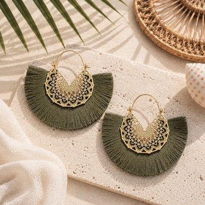 Tassel Hoop Earring Statement Thread Dangle Earrings Stylish Long Fringe Drop Earrings Lightweight Long Swingy French Hook Earrings for Women - color: A Army green
